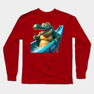 An alligator with a giant swim cap and goggles riding a waterslide Long Sleeve T-Shirt